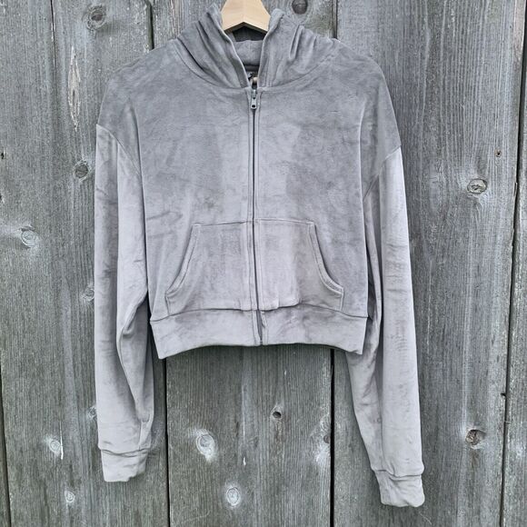 SKIMS Jacket Sz Medium Grey Velour Zip Up Hoodie Short Super Soft Loungewear - Picture 2 of 12